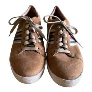 Linea Paolo Tan Suede Striped Low Top Sneakers Brown Suede Gold Heel 9M